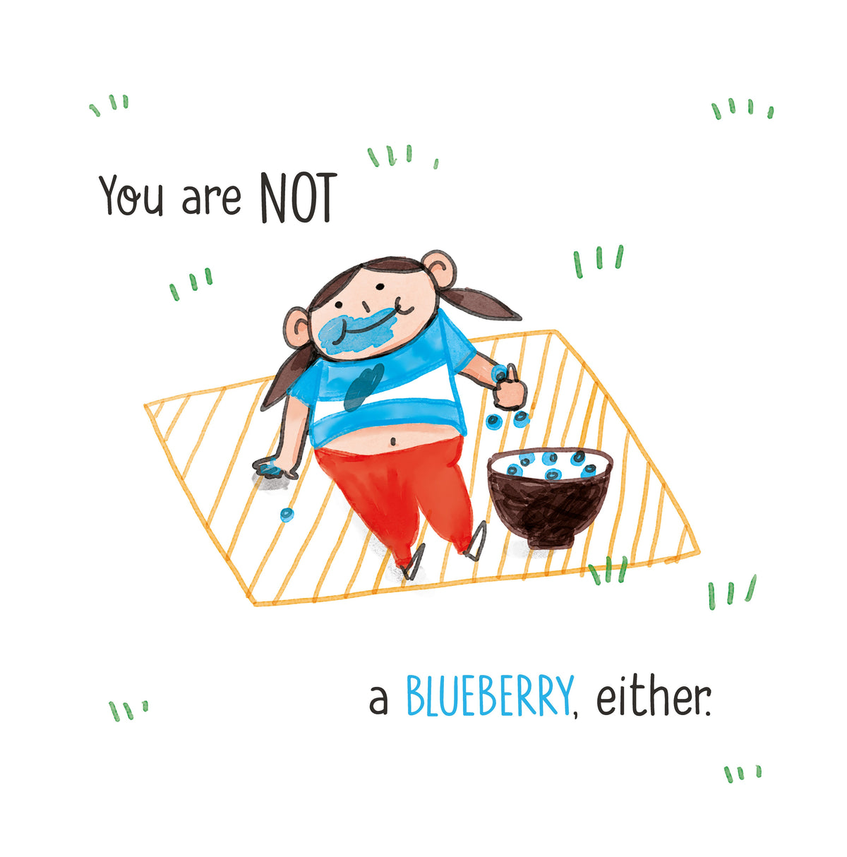 A child lies on a picnic blanket beside a bowl of blueberries, with blue juice around their mouth.