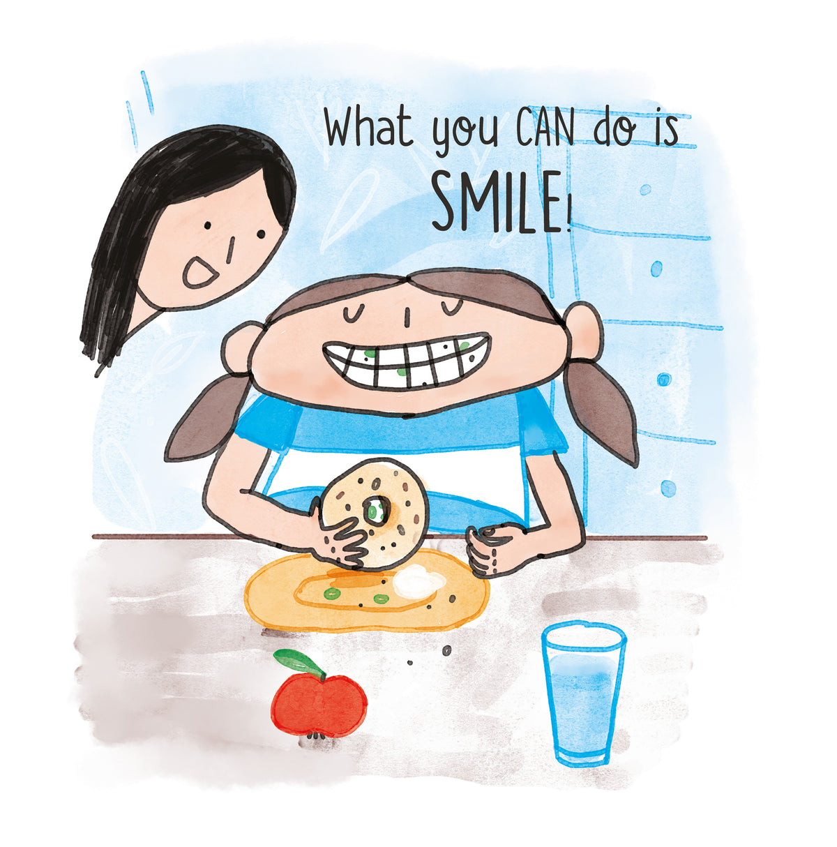 A child grins while holding a bagel, with bits of food between their teeth; an adult looks on.