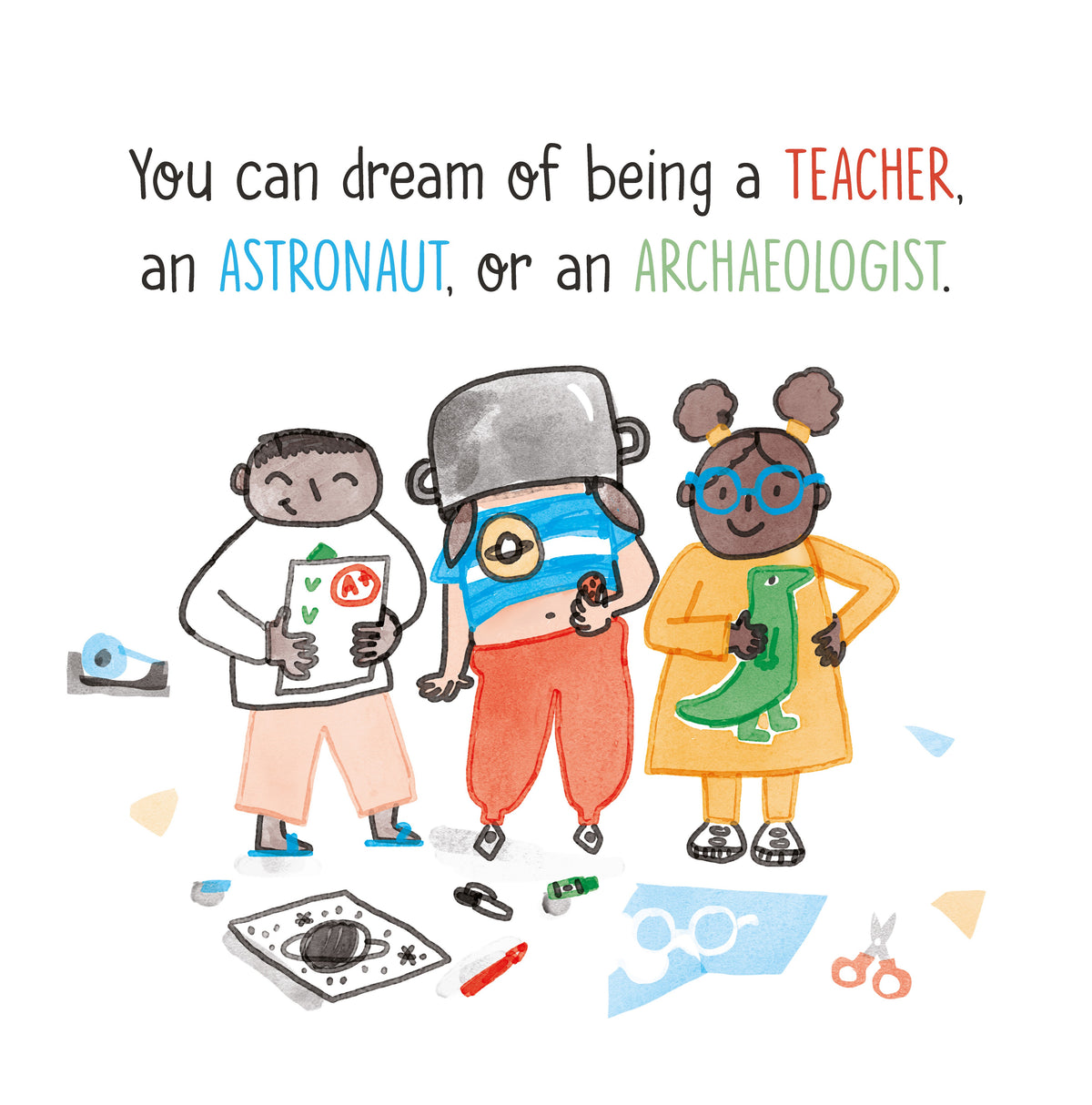Three children play dress-up: one holds a paper marked A, one wears a cooking pot as a space helmet, and one holds a green dinosaur toy.